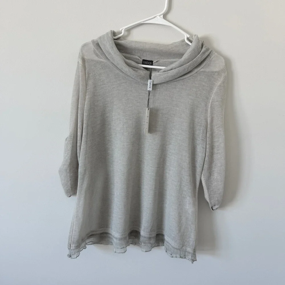 Fantazia Women Gray 3 Pc Set Linen Blend Tunic Tank Sheer Overlay‎ Scarf MED New